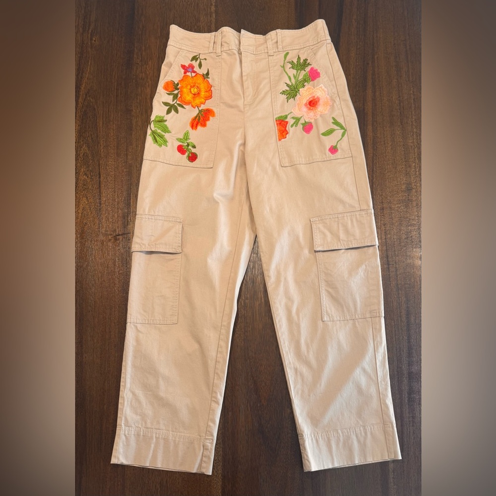 NWOT Anthropologie Women’s S Tan Embroidered Wide Leg High Rise Cargo Pants